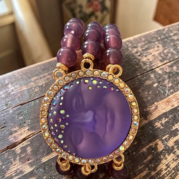 Kirk's Folly Purple Moon Face Beaded Bracelet | Gold Tone Rhinestone Celestial - Picture 3 of 4